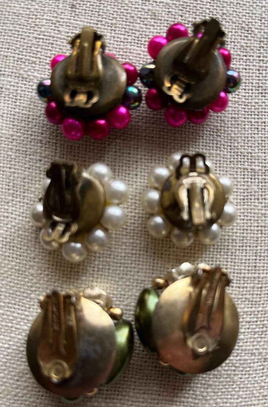Three Pairs Vintage Japan Hong Kong Gold Tone Beaded Clip On Earrings