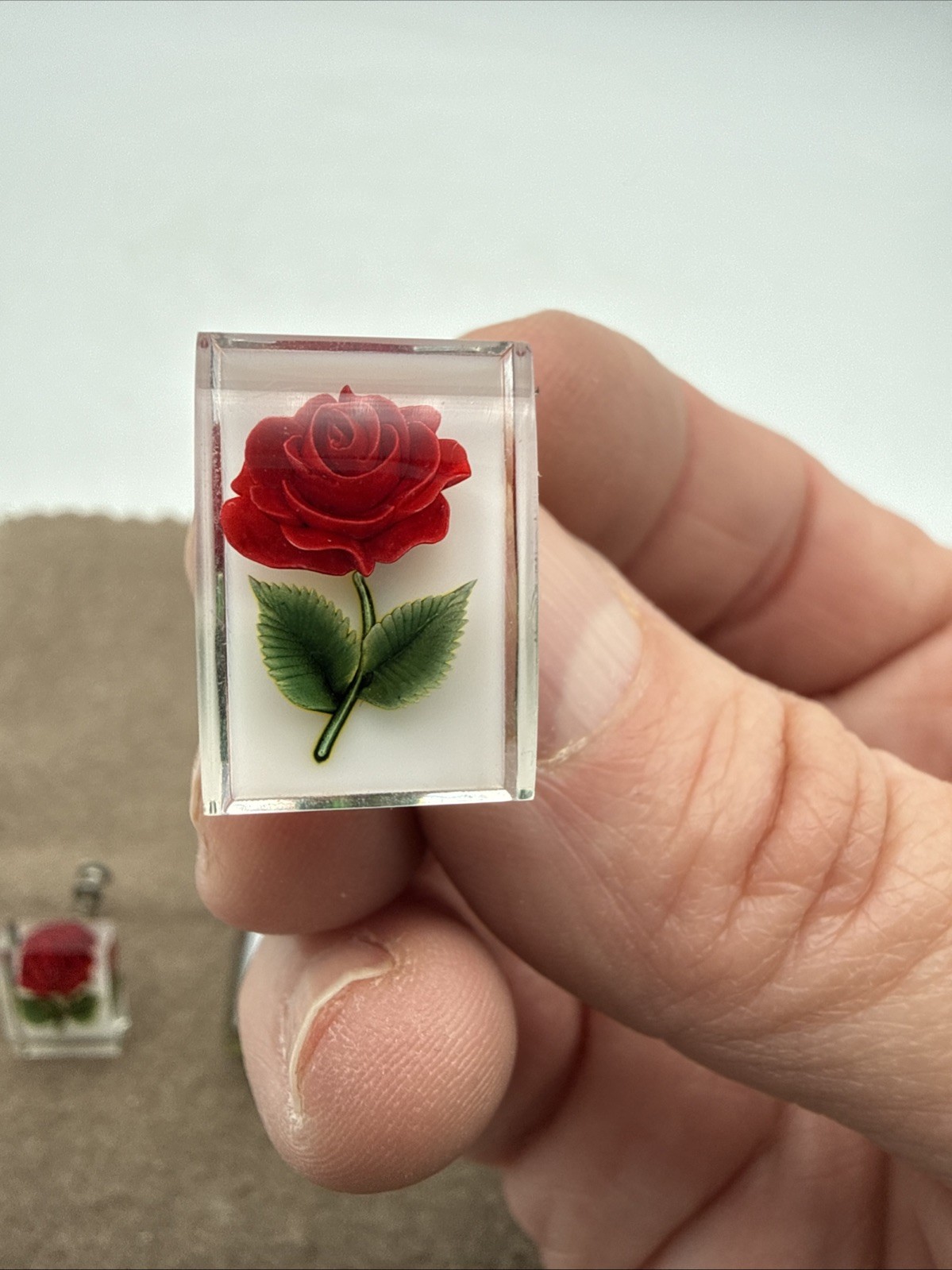 Vintage Lucite Encased Red Rose Green Leaves Screw Back Earrings & Brooch Set