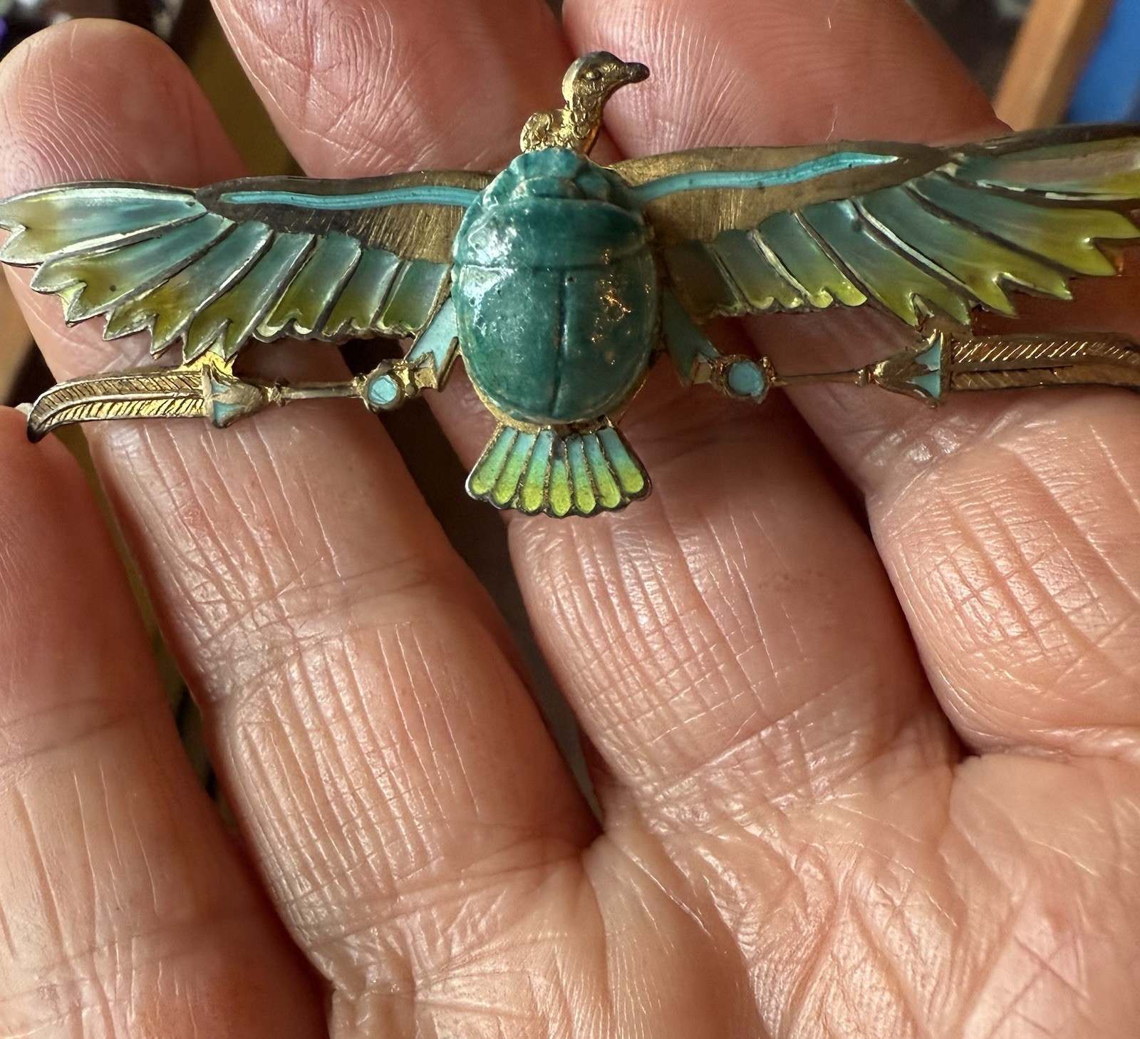 Revival Plique-à-jour Bird, winged scarab stone Brooch pin. Art Deco, Egyptian