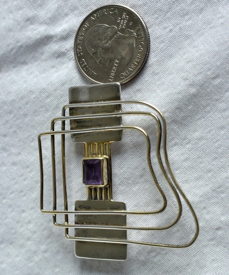 Vtg Signed YES Studio Poland Sterling Silver Amethyst Large Modern Pin & Pendant