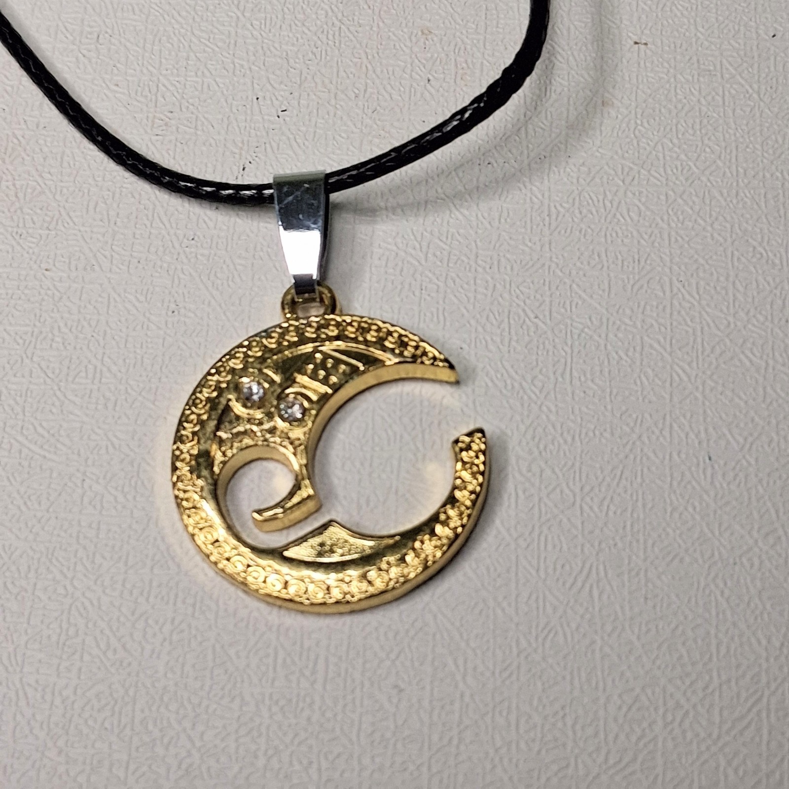 Crescent Moon Pendant Necklace Rhinestone Black Cord Boho Gold Tone Vintage