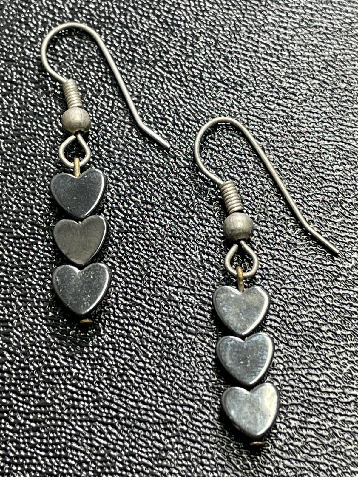 Vintage 1.5” Silver Hematite Gemstone Heart Beaded Dangle Earrings