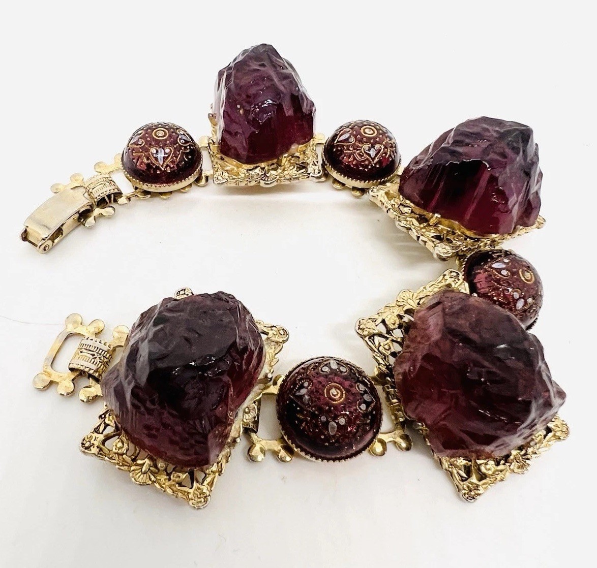 Chunky Purple Molded Glass & Lava Rock 3D Book Chain Bracelet Vintage Jewelry