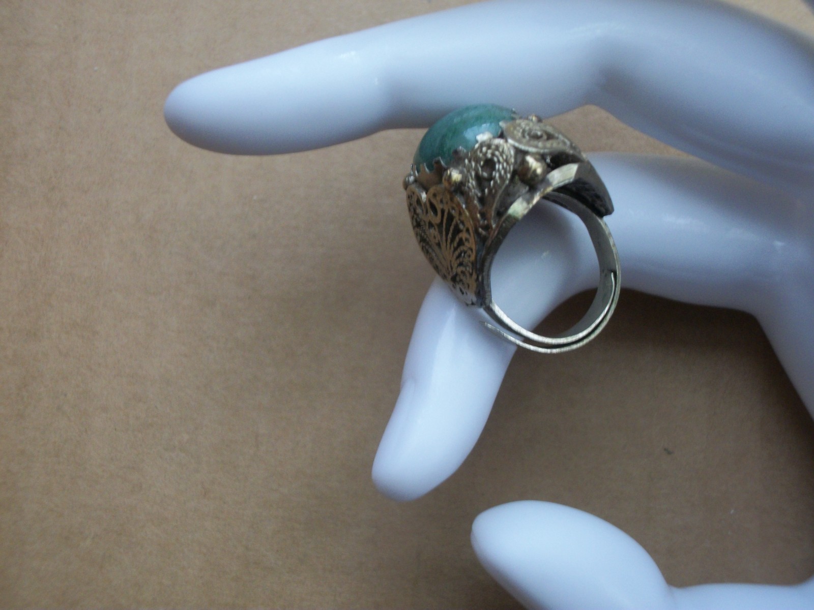 Vintage Gold-tone Green Cabochon Filigree Dome Ring Statement Piece