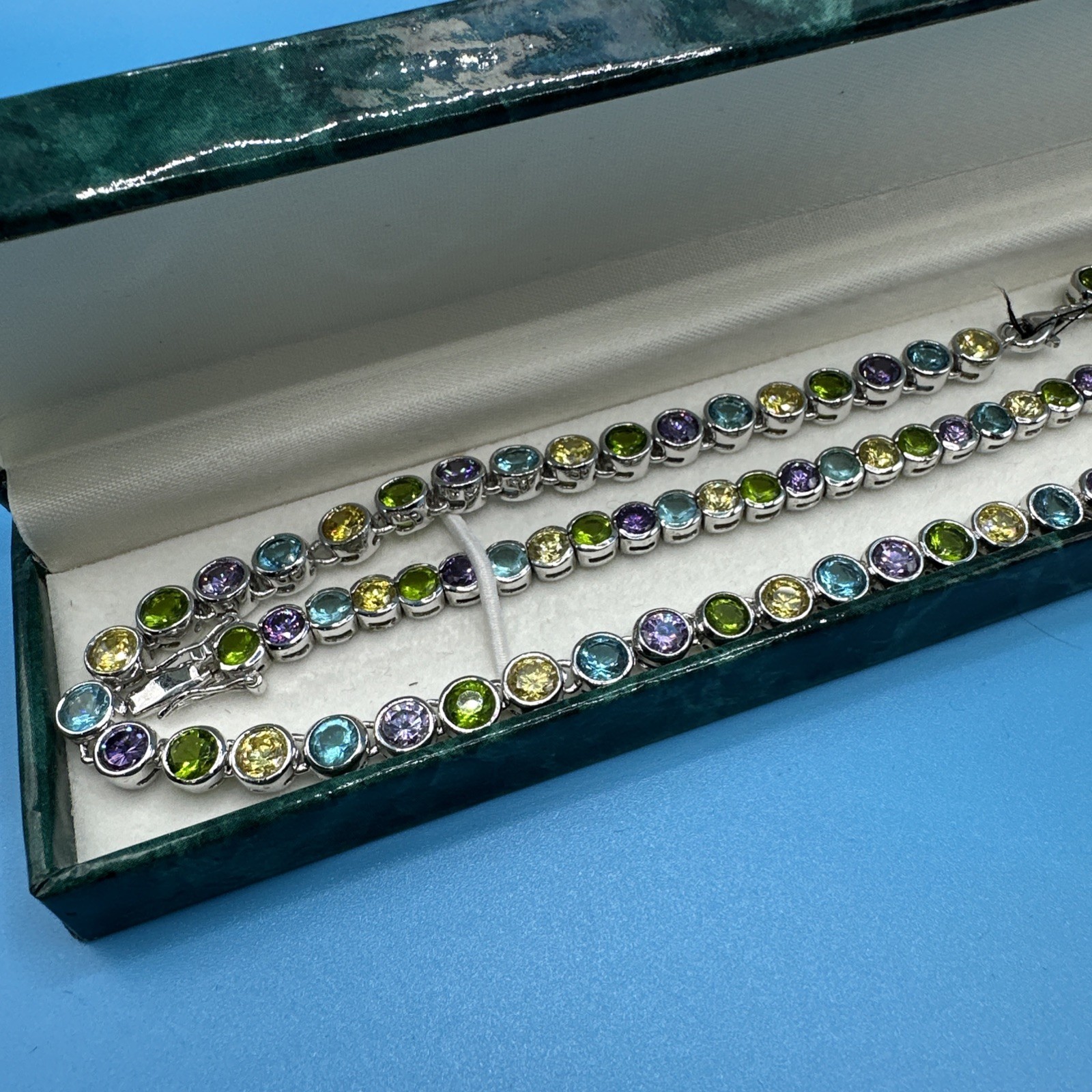 Vintage Suzanne Somers MultiColor Bezel 925 Silver Bracelet 7.5in/Necklace 18in