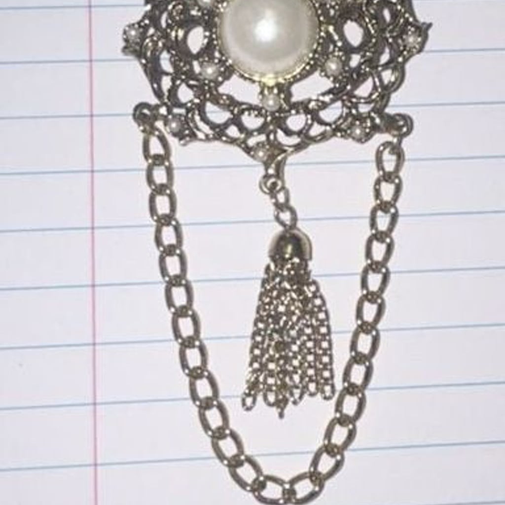 Vintage Ornate Gold Tone Filigree Brooch Faux Pearl Center Hanging Tassel Chain