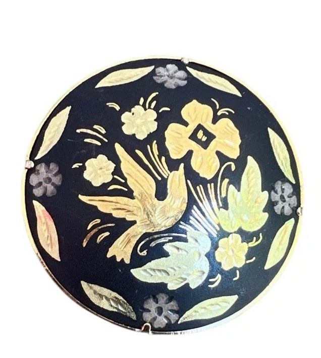 Vintage Damascene Brooch 18k or 24k Gold injected into Iron Bird Floral Spain