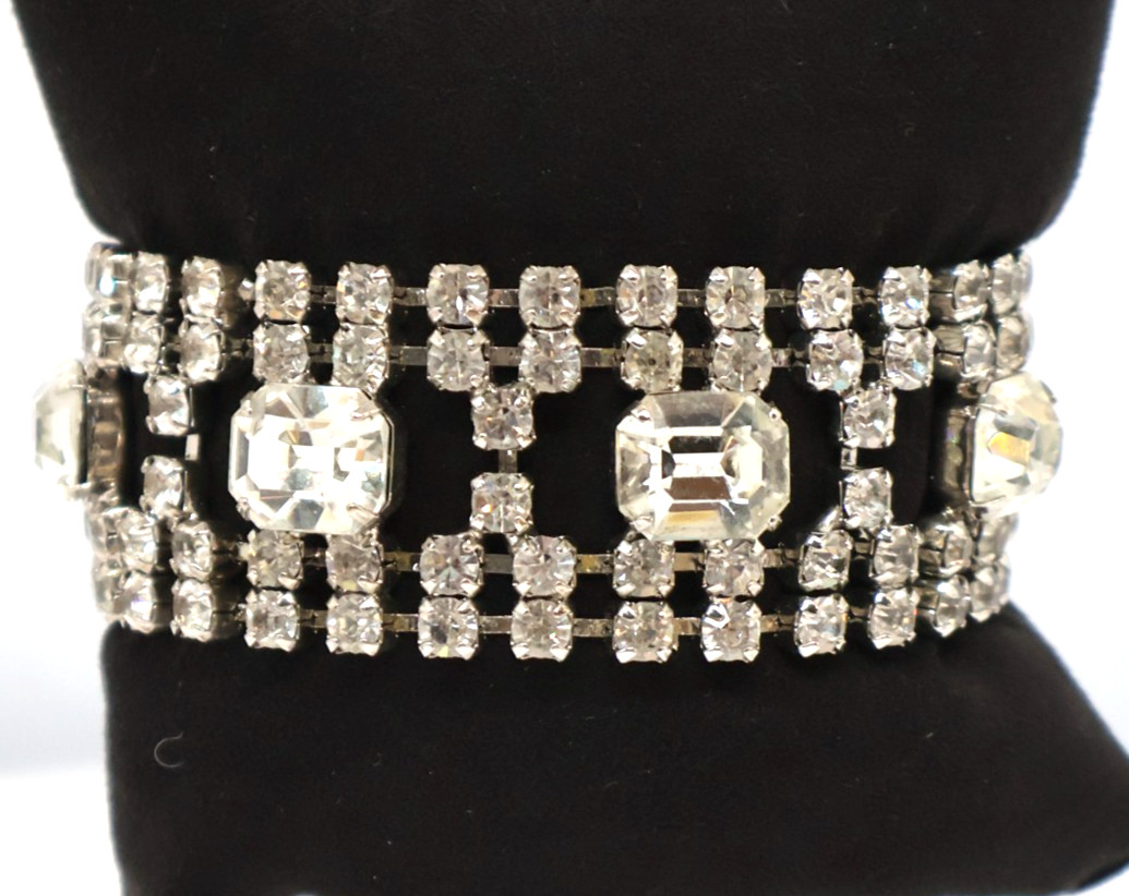 Vintage Rhinestone Bracelet w/ Multiple Rows of Rhinestones & Large Square Ones