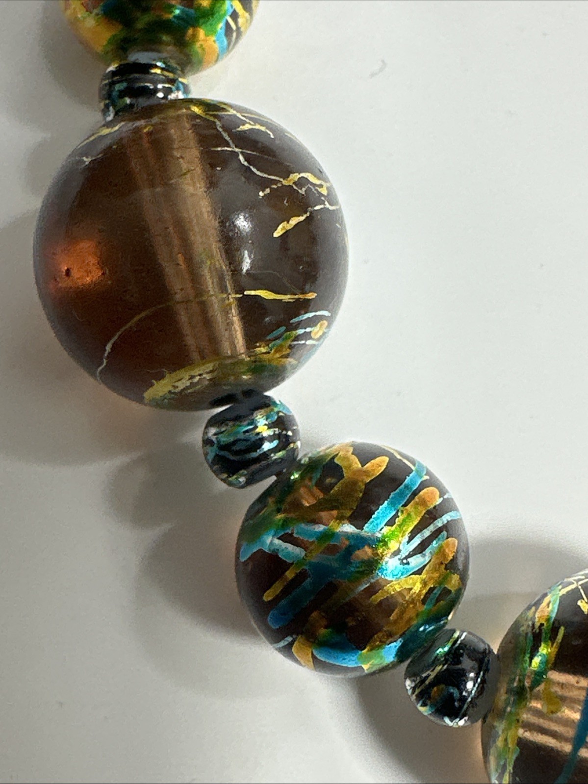 Vintage Iridescent Glass Bead Necklace Brown Green Matching Earrings