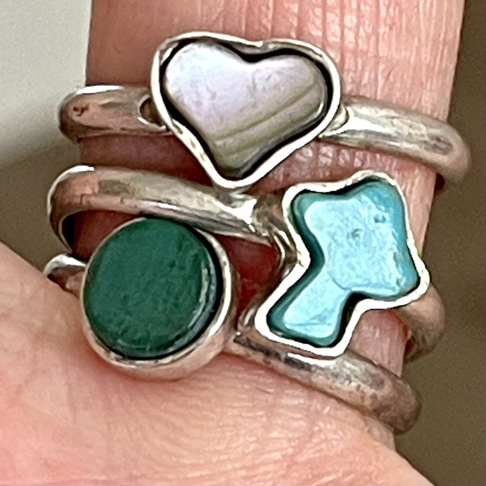 Turquoise MCM Mushroom Ring Lot Sz 7 60s Stackable VTG Sterling 1