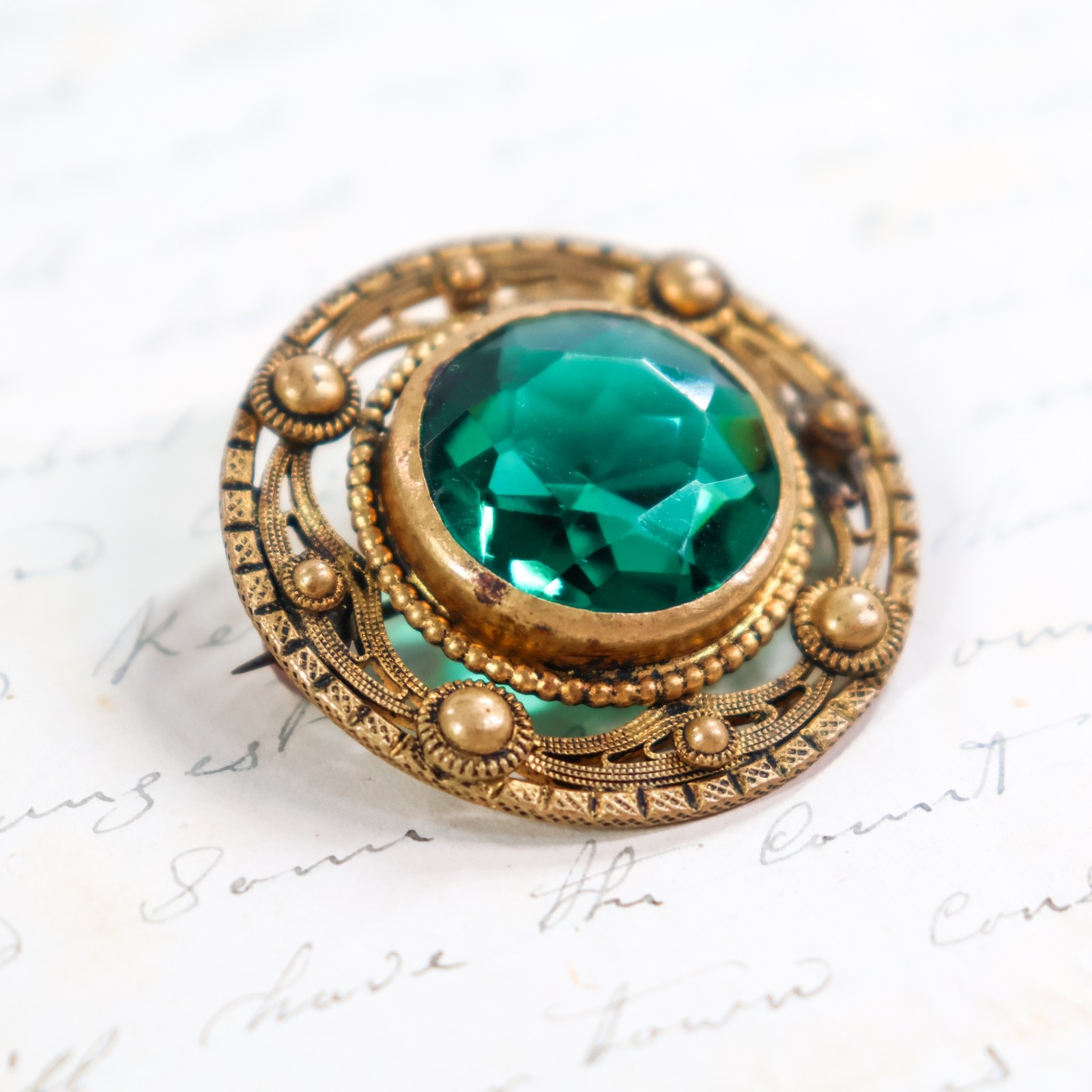 Antique Bohemian Czech Faceted Glass Emerald Green Brooch Pin Gorgeous Round