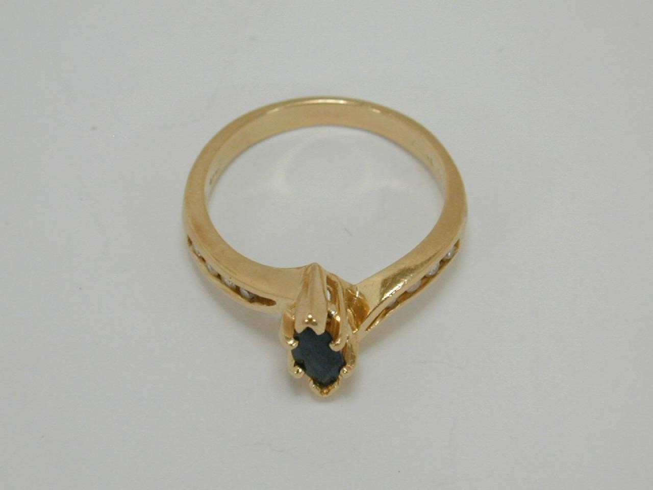 Vtg ASH 14K Yellow Gold Marquise Dark Blue Sapphire & Diamond Ring Size 7.5 585
