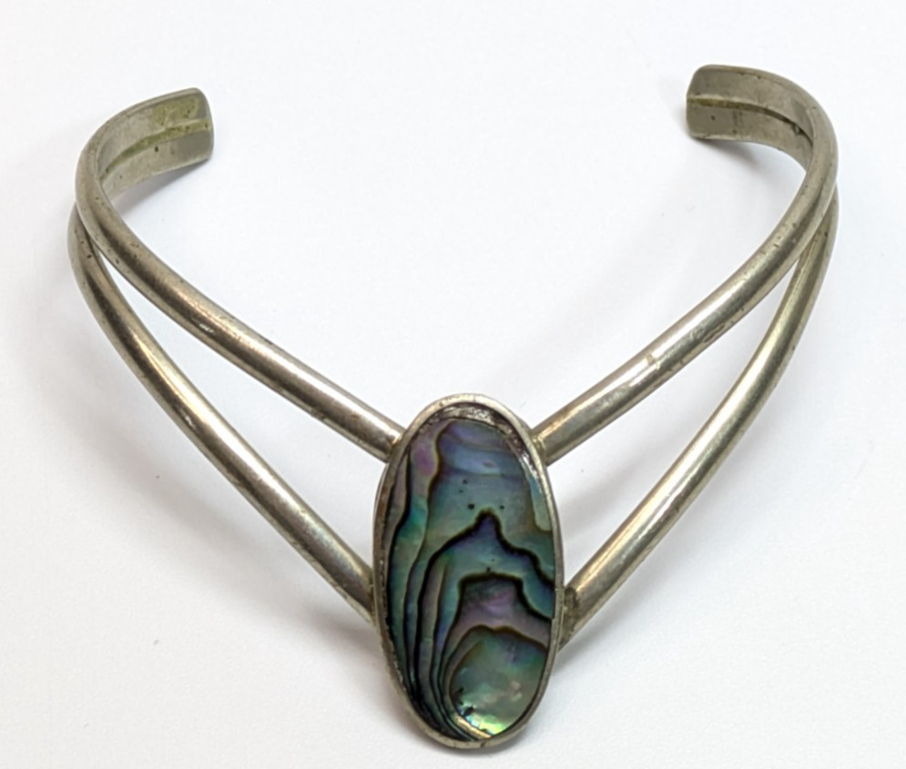 VTG Alpaca Silver Mexico Unique Abalone Shell Cuff Bracelet Double Bar