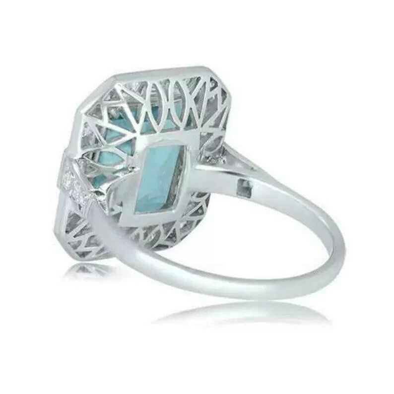 Art Deco Emerald Cut Aquamarine & Lab Created Diamond 925 Silver Engagement Ring