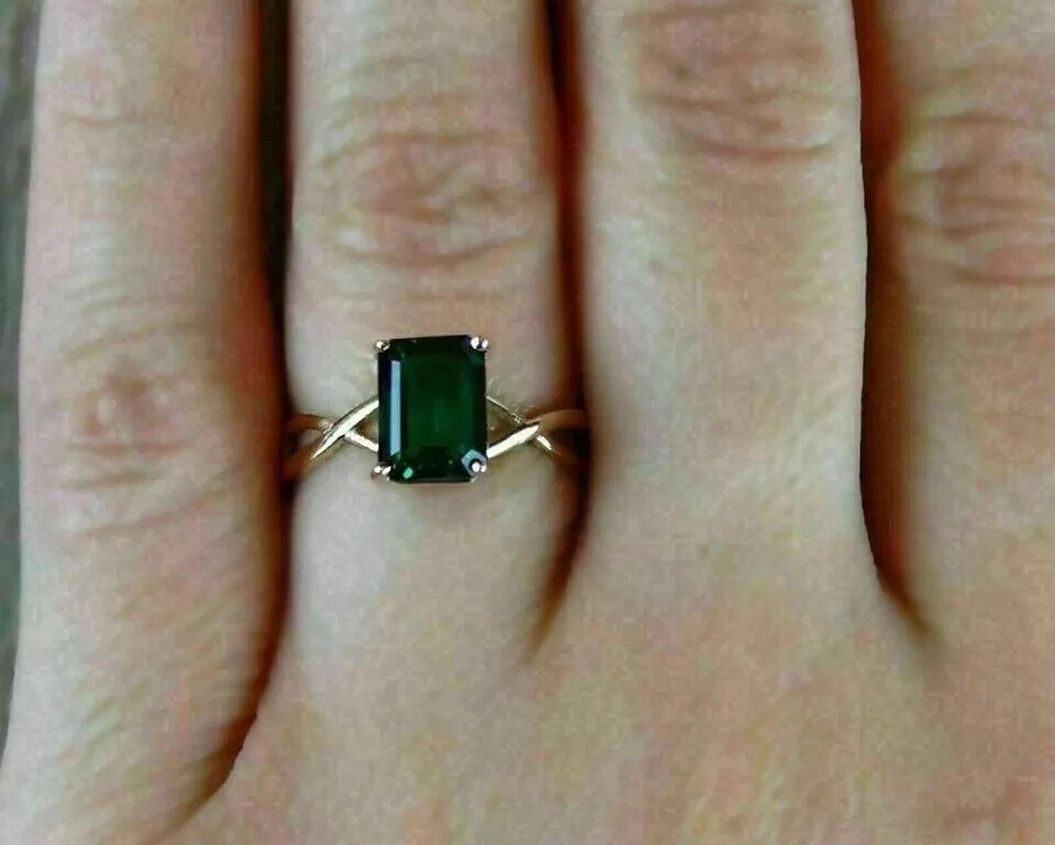Art Deco Style Emerald Lab Created Diamond 14K Yellow Gold FN Anniversary Ring