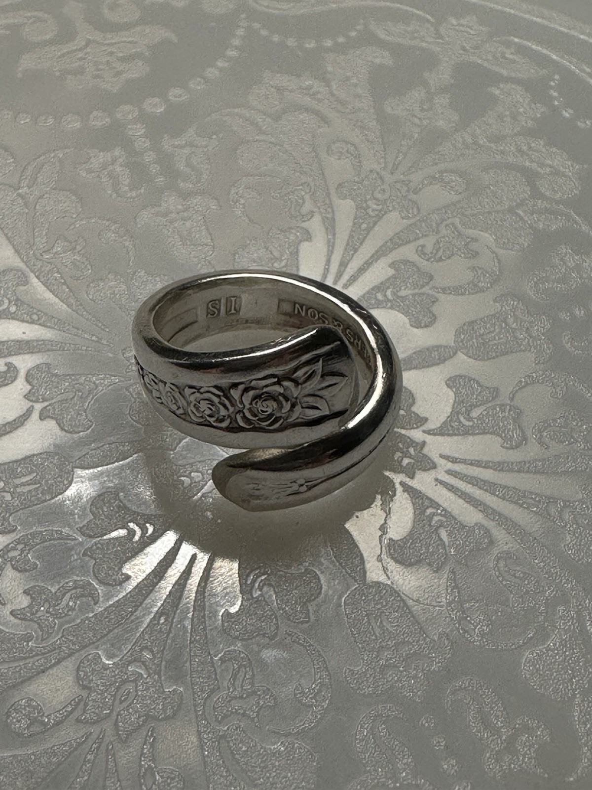 Vintage Sterling Silver Rogers Floral Spoon Ring Ornate Adjustable Sz 5 3/4