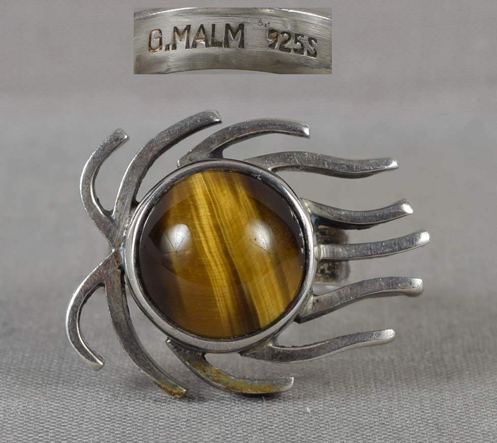 1950s Modernist Scandinavian sterling silver & tiger eye RING Size 7.5