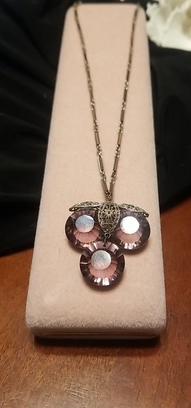 Art Deco Necklace, Purple Paste Glass, Silver & Brass Filigree, 18 Inch Chain