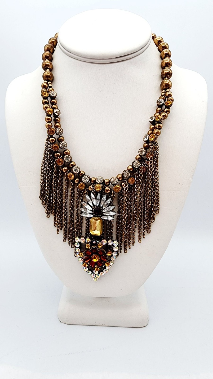 Signed Beaded chain rhinestone bib statement necklace 18″