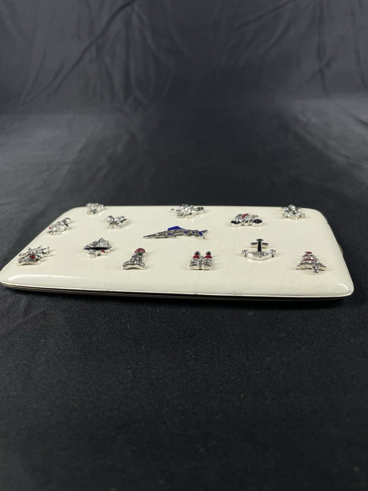 Art Deco Lg Compact Walter Lampl Trifari Applied Charms Swordfish Cat Turtle Etc