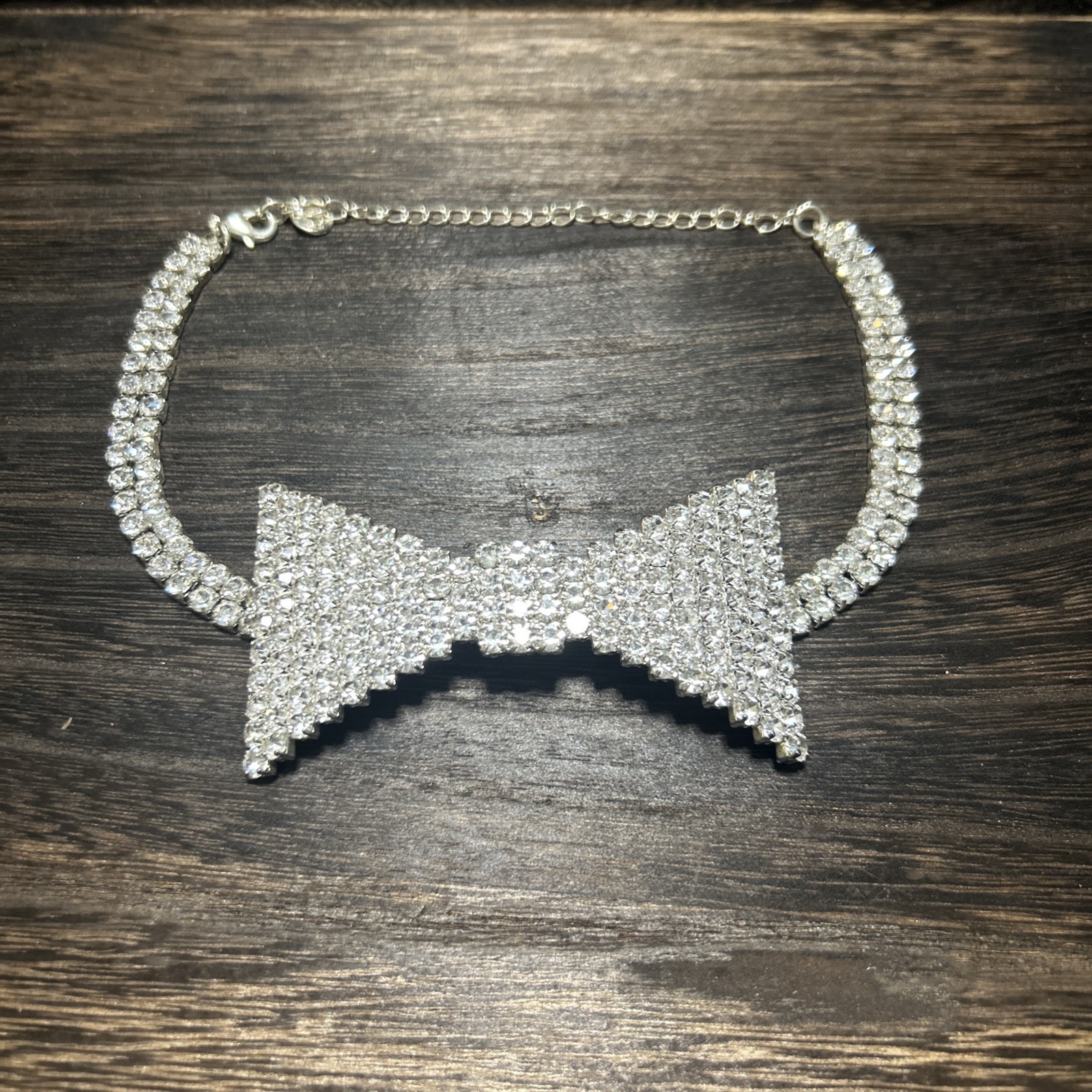 Necklace Choker Bow Tie Rhinestone Silver Tone After 5 Statement Y2K 2000s