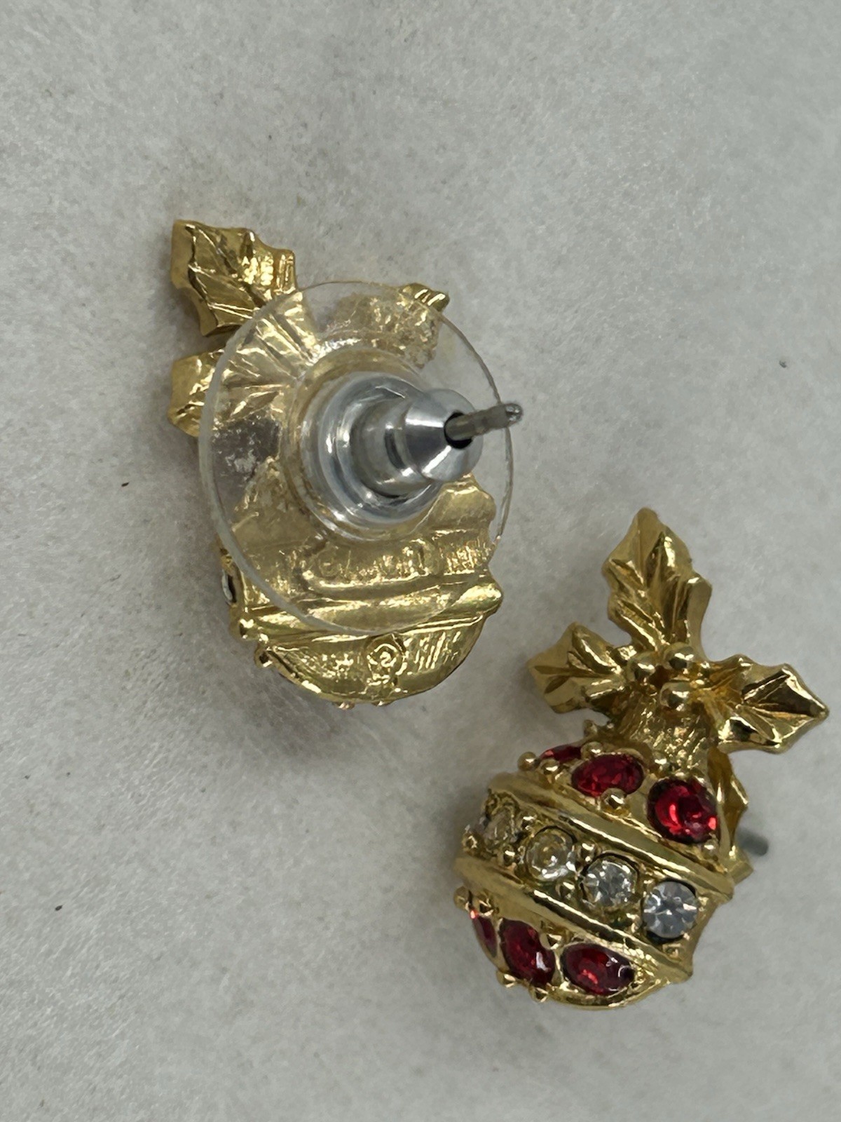 Vintage AVON Stud Earrings Christmas Bulb Ornament Red Clear Rhinestones