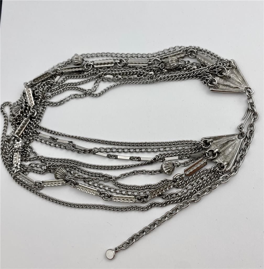 Vintage Silver Tone Multi-Chain Statement Necklace with Hook Clasp 19″ Long