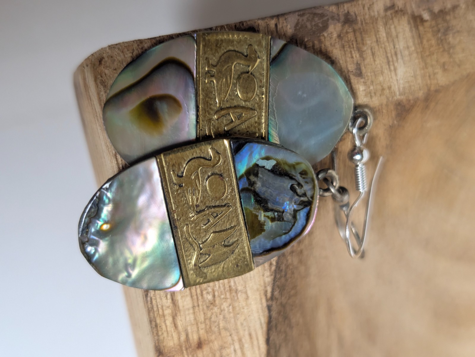 Vintage Alpaca Abalone Carved Sterling Silver Gold Tone Earrings Pierced