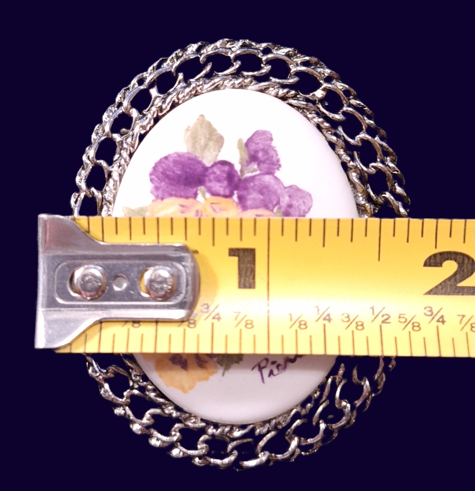 Vtg Hand Painted Signed Yellow & Purple Pansy Porcelain Silver-tone Brooch Pin