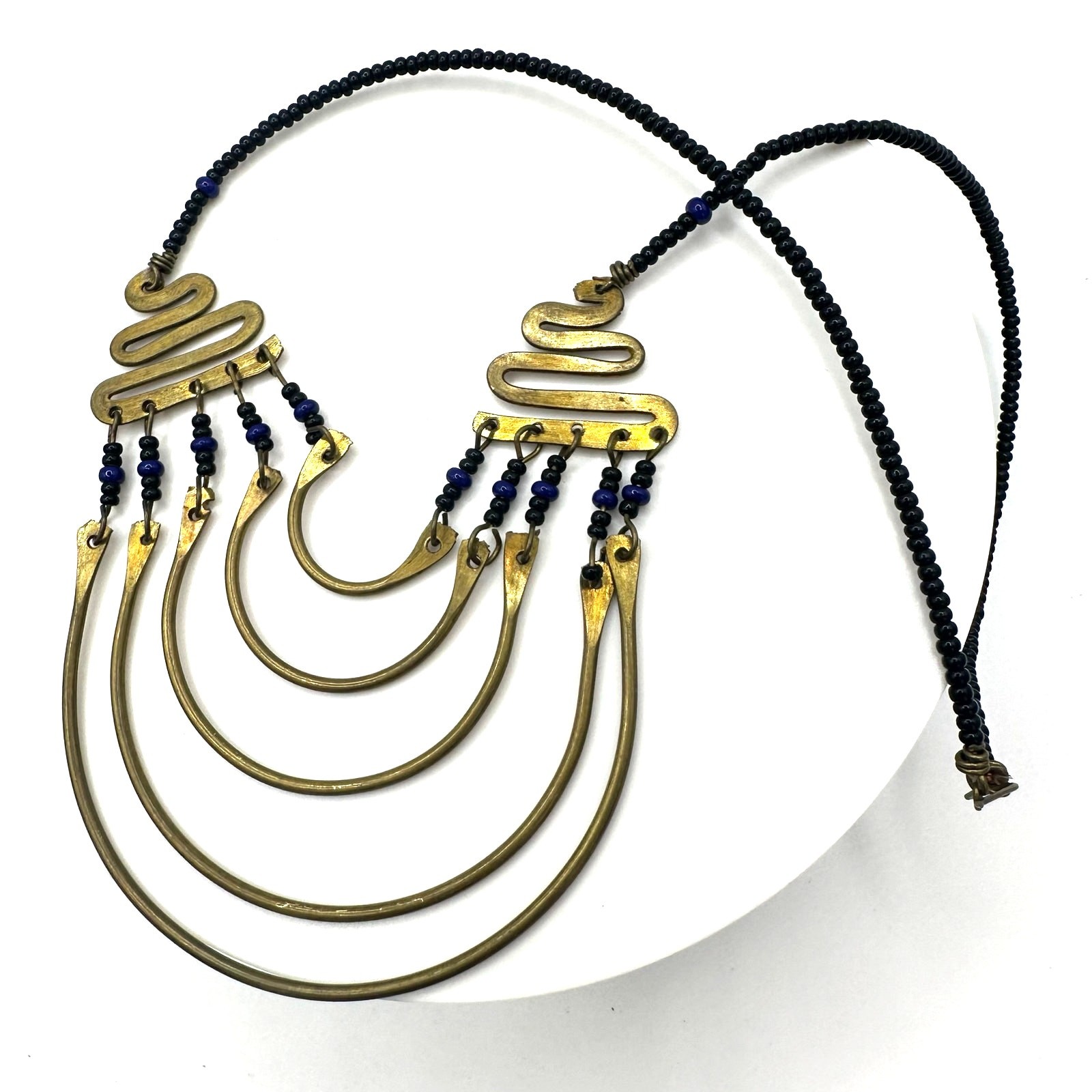 Vintage Tribal Kenyan African gold tone brass swag black beaded necklace