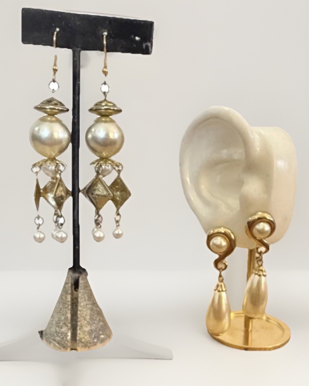 VTG Gold Tone Dangle Faux Pearls Earrings LOT 2 Pierced Lobe LIGHTWEIGHT READ 2″