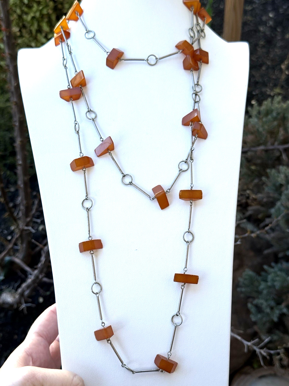 ANTIQUE Vintage Genuine BALTIC AMBER Butterscotch Silver Bar Link Necklace 72″!
