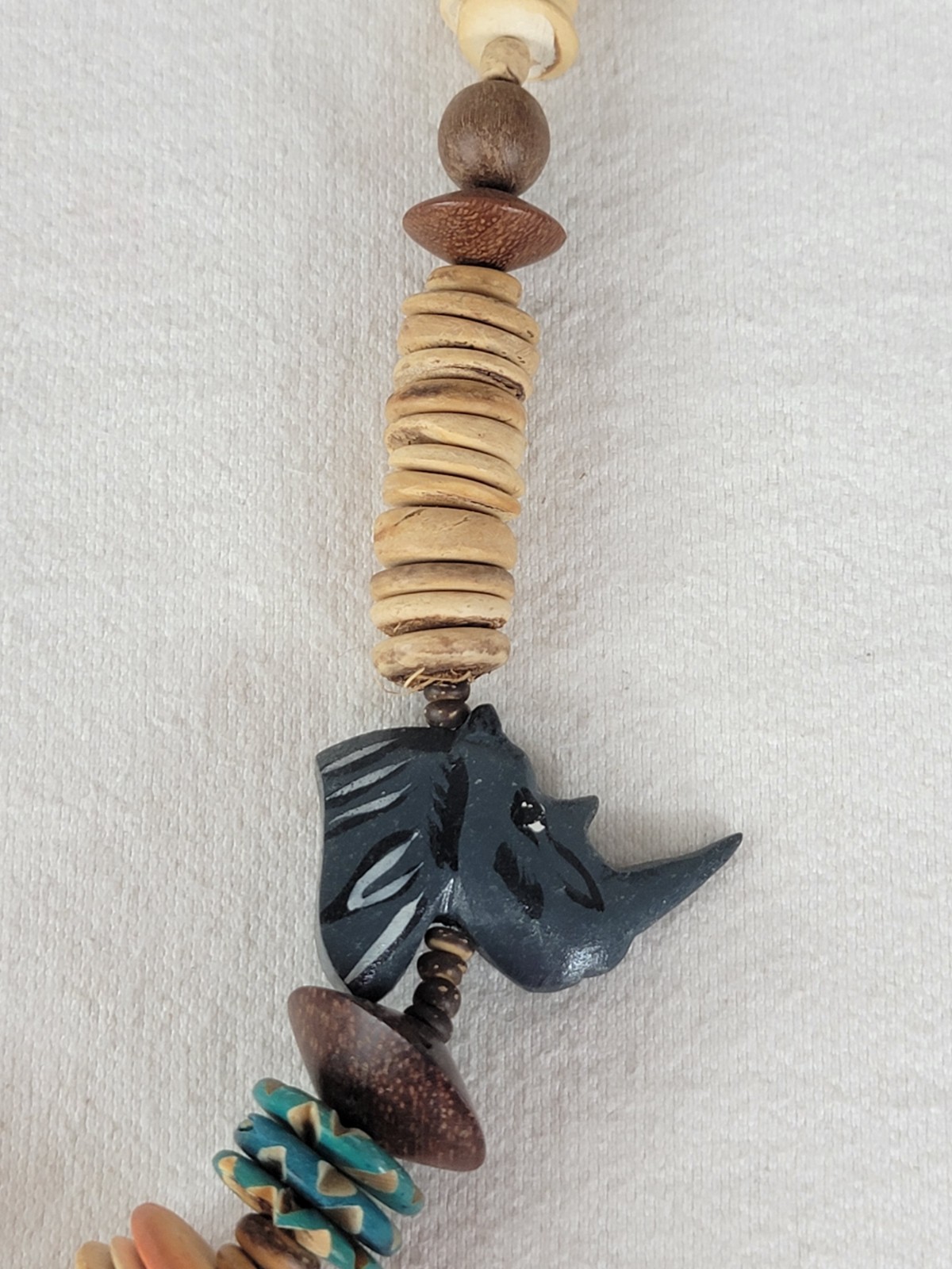 2 Vtg African Carved Wood Safari Necklaces Elephant Rhino Shell Discs Beads Boho
