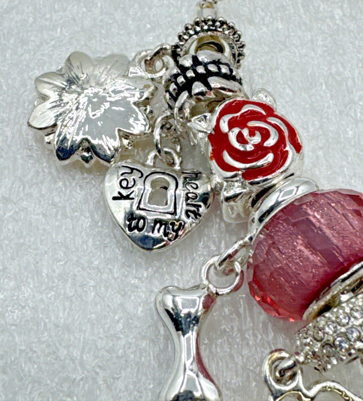 Silver Tone Snake Chain Charm Bracelet 6.5” – 13 Charms Pets Flowers Hearts Love