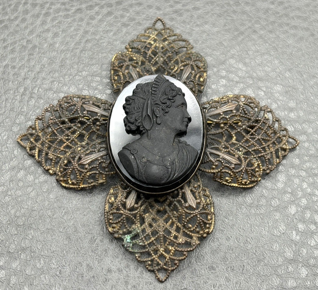 Vintage HUGE MASSIVE Victorian Style Mourning Unique Black Cameo Cross Brooch