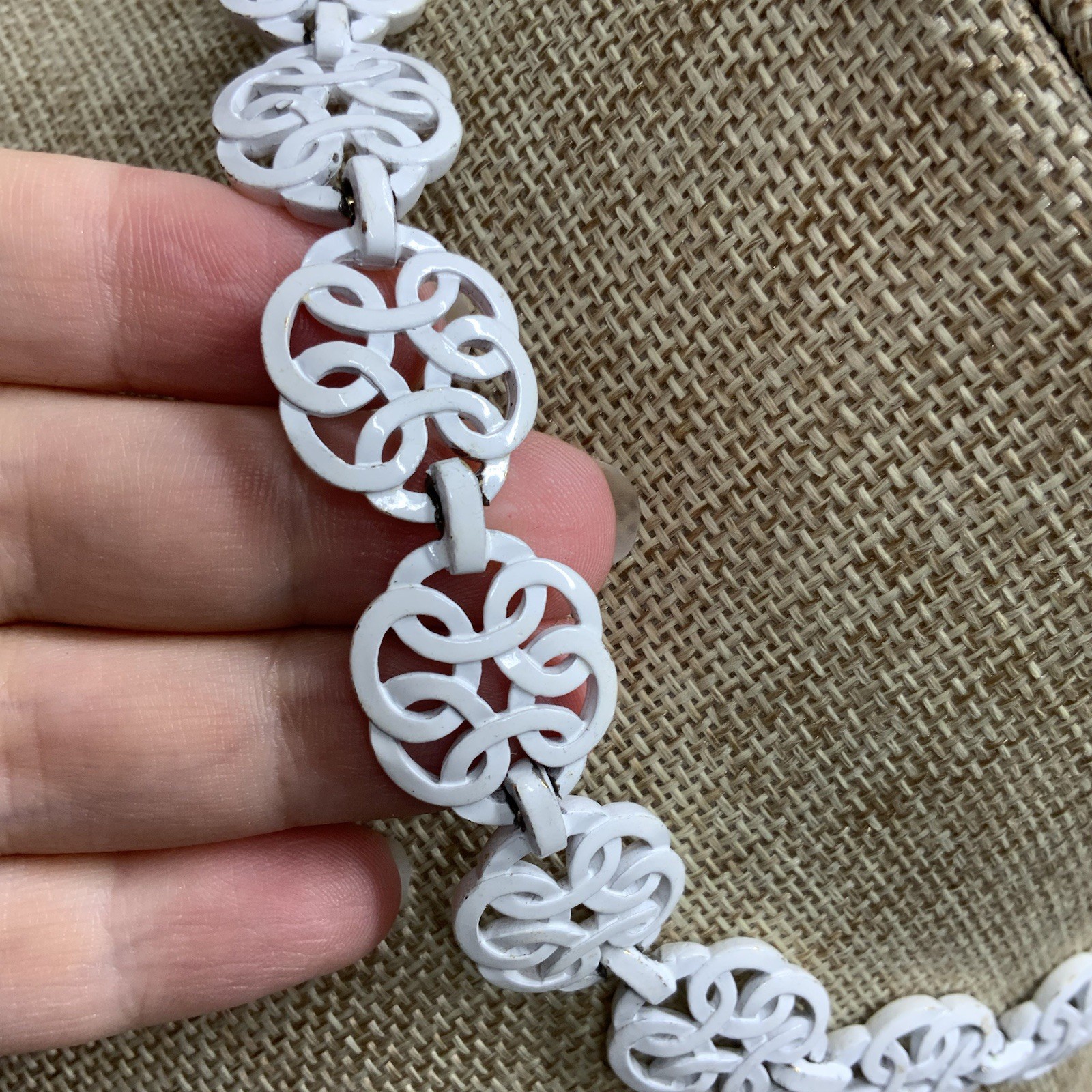 Vintage Trifari White Enamel Choker Necklace Swirl Link Mid Century