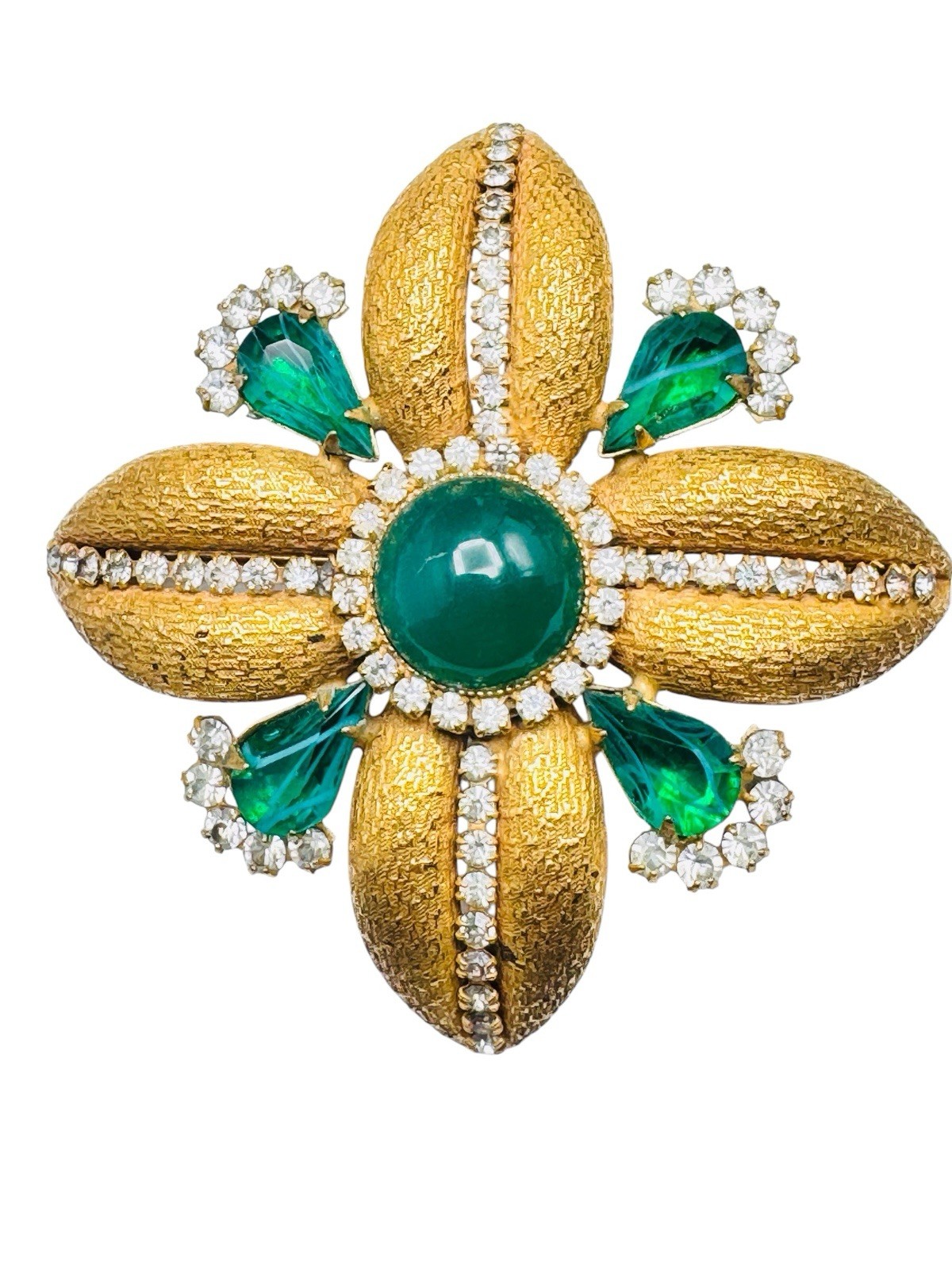 Vintage Kramer? Flawed Emerald Rhinestone Maltese Cross Brooch Pin