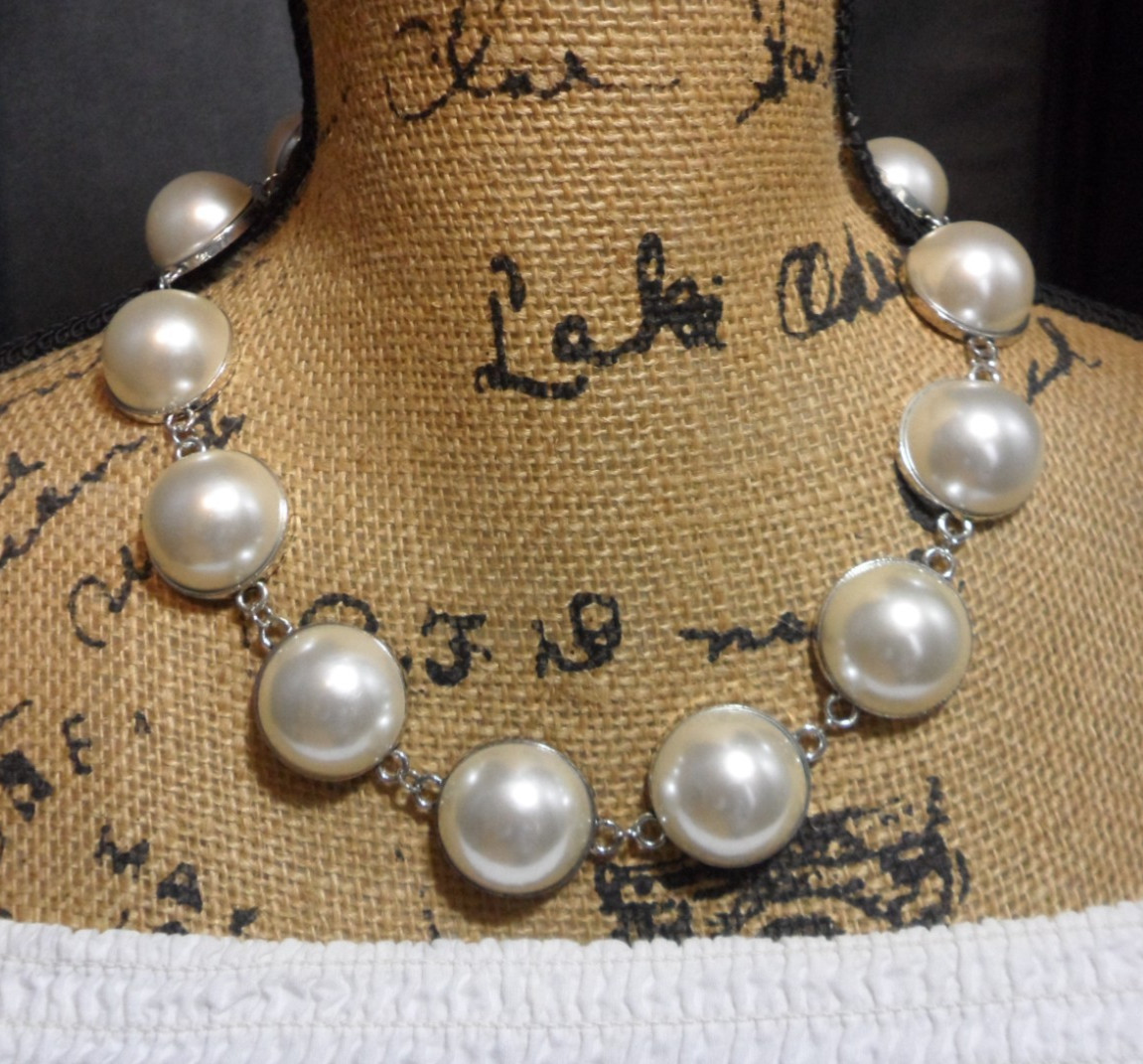 Georgian Riviere Necklace Domed Japanese Cultura Faux Pearl Cabochon Collar Vtg