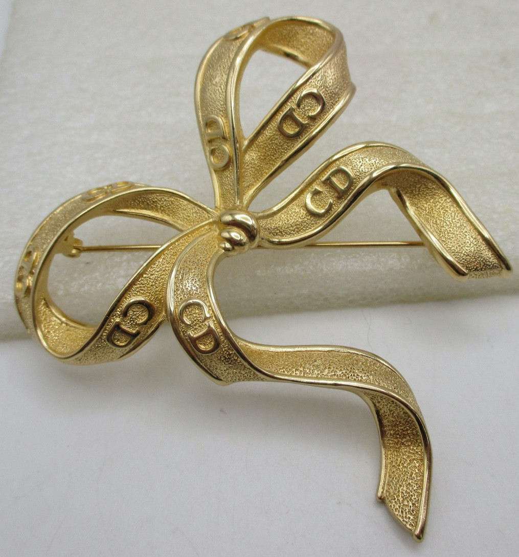 VTG 1980’s Christian Dior CD Logo Large Ribbon Brooch 3 1/4″
