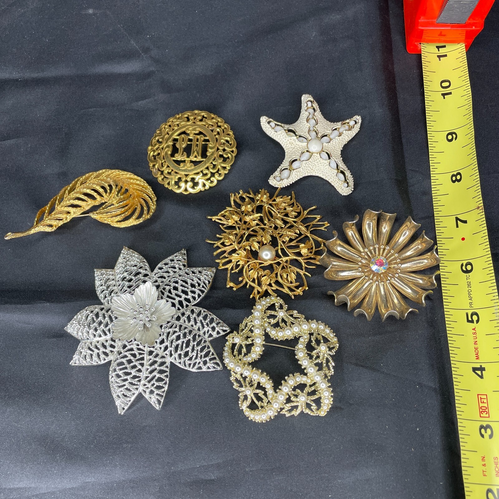 Vintage 6 Lg Metal Brooches 2″-3″ Monocraft Coro Emmons Unreadable & 3 Unmarked