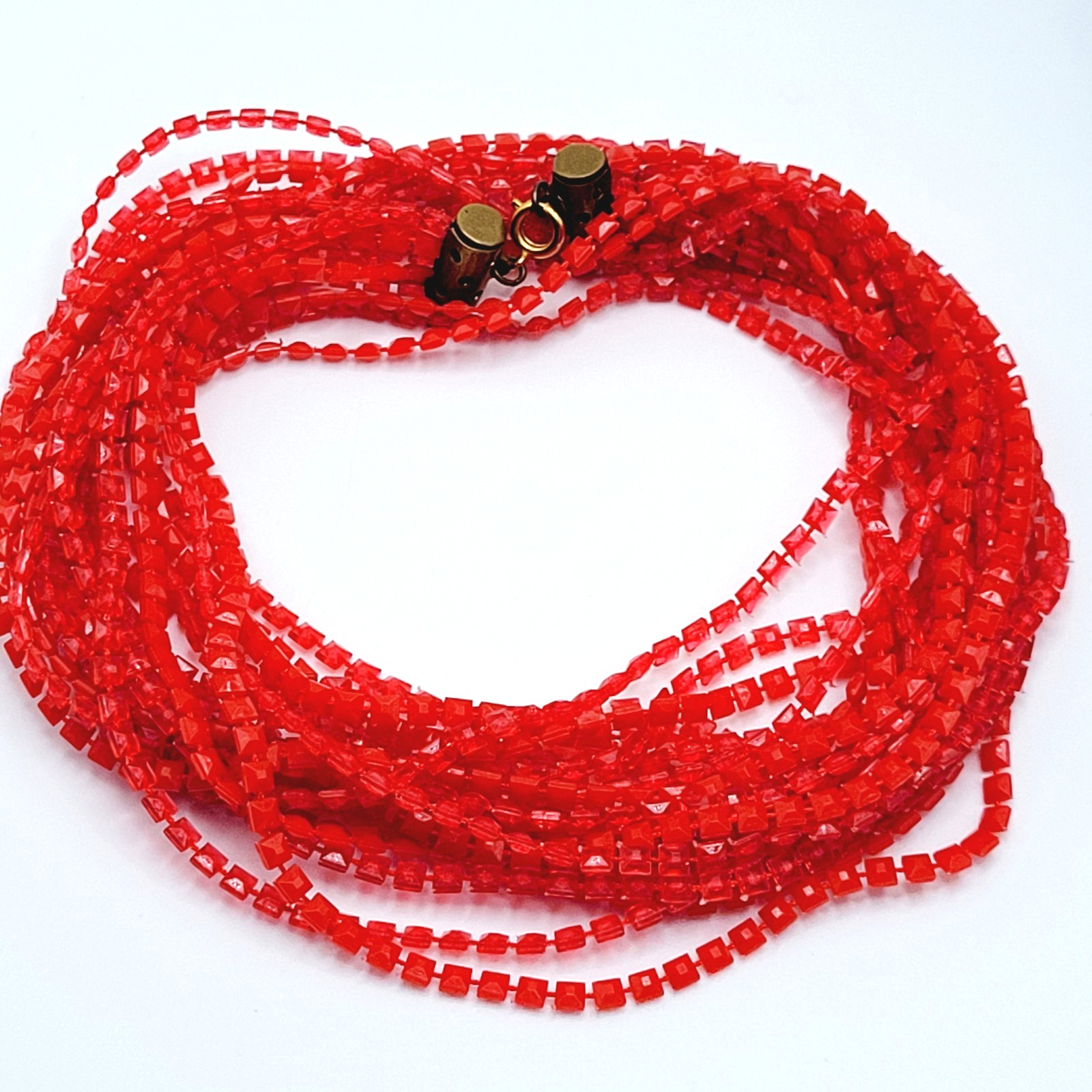 Vintage Red Multi Strand Plastic Square Beaded Solid & Clear Bead Necklace 48 In