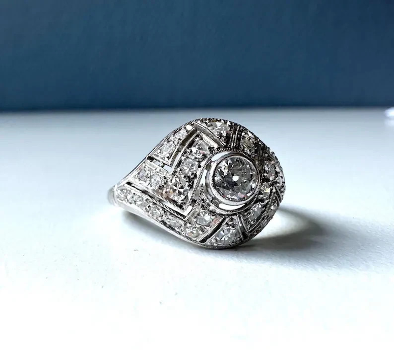 Art Deco Style Round Cut Lab Created Diamond 14K White Gold FN Engagement Ring