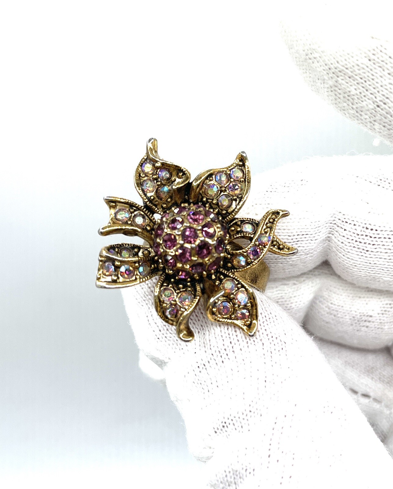 Sunburst AB Crystal Sunflower Gold Expandable Cocktail Ring Vintage Estate Piece
