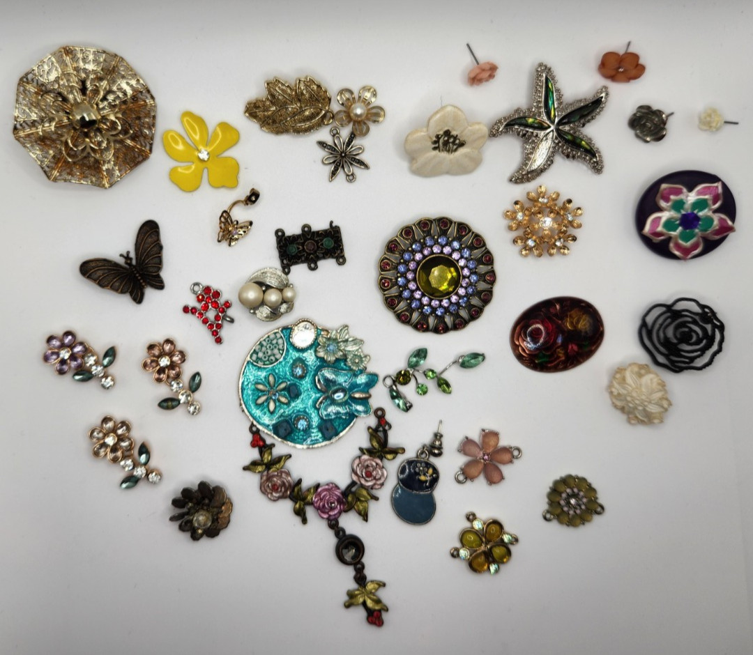 Flower Craft Jewelry Pieces Junk Drawer 30 Different Pieces