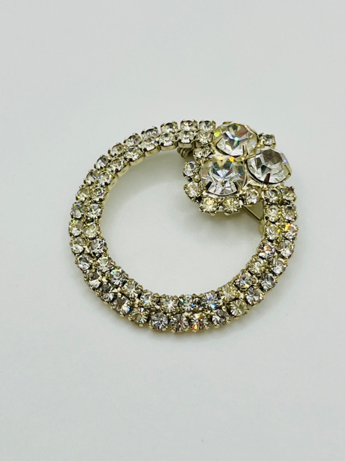 Vintage Clear Rhinestone Wreath Brooch Silver Tone