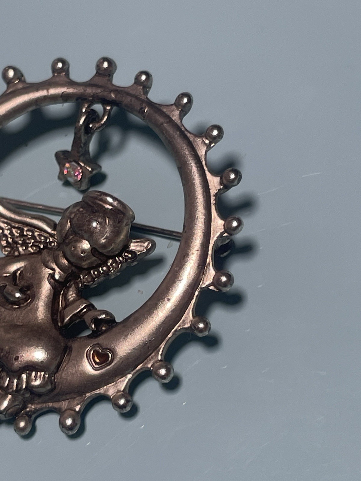 Danecraft Angel on Crescent Moon Brooch Vintage Silver Tone Rhinestone Star Sign