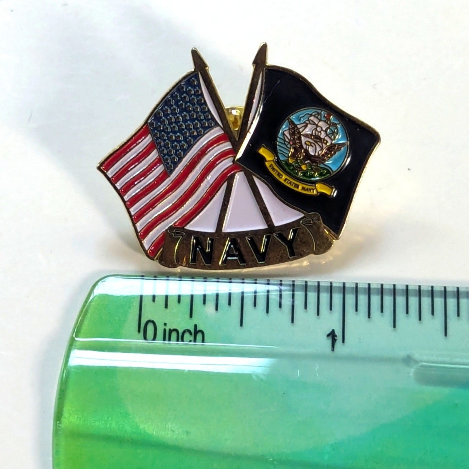 Vintage Gold Tone Enamel American Flag Navy Flag Classic Military Lapel Hat Pin