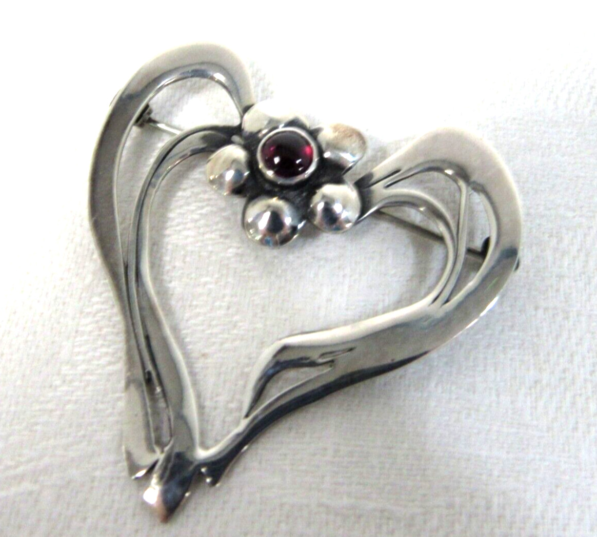Sterling Silver & Garnet Open Heart Pin Art Nouveau1 5/8″ x 1 5/8″
