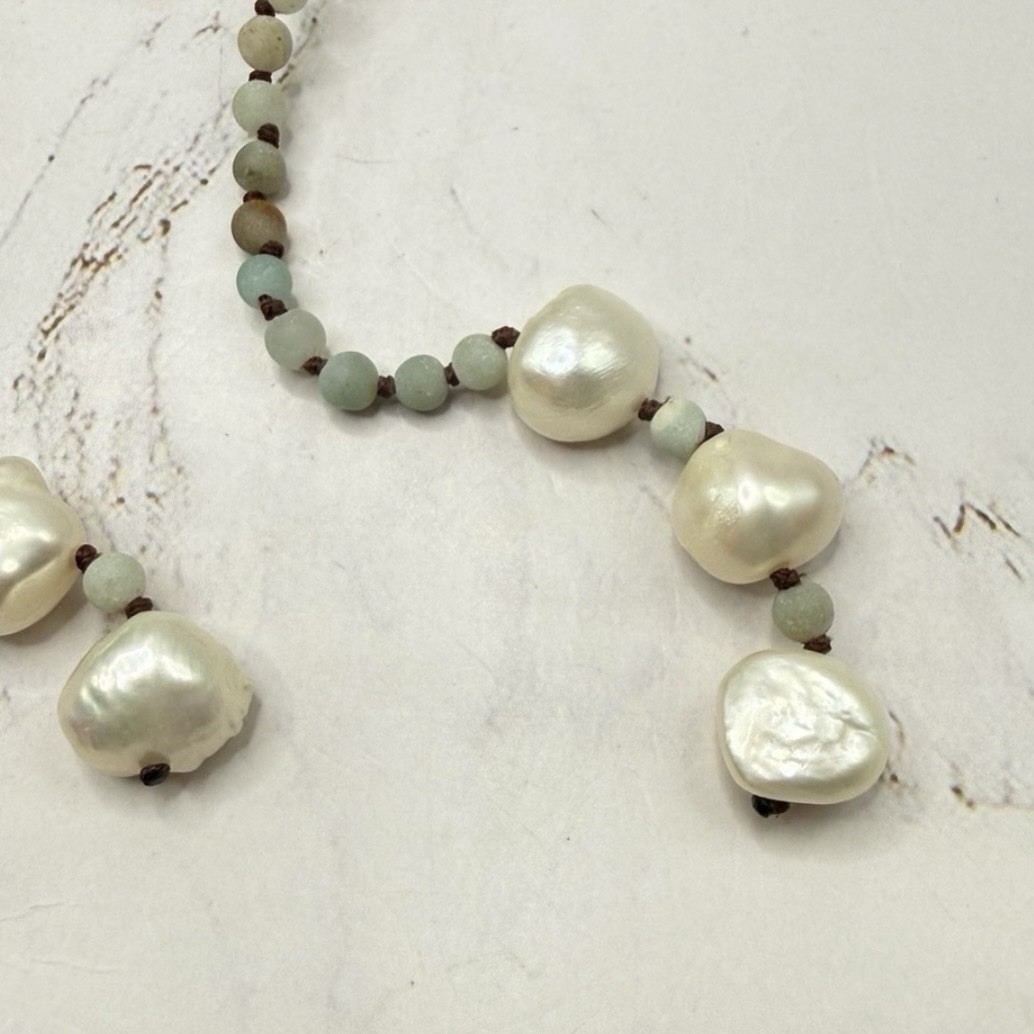 Amazonite Bead Natural Color Lariat Wrap Necklace Baroque Pearl Tassel Ends