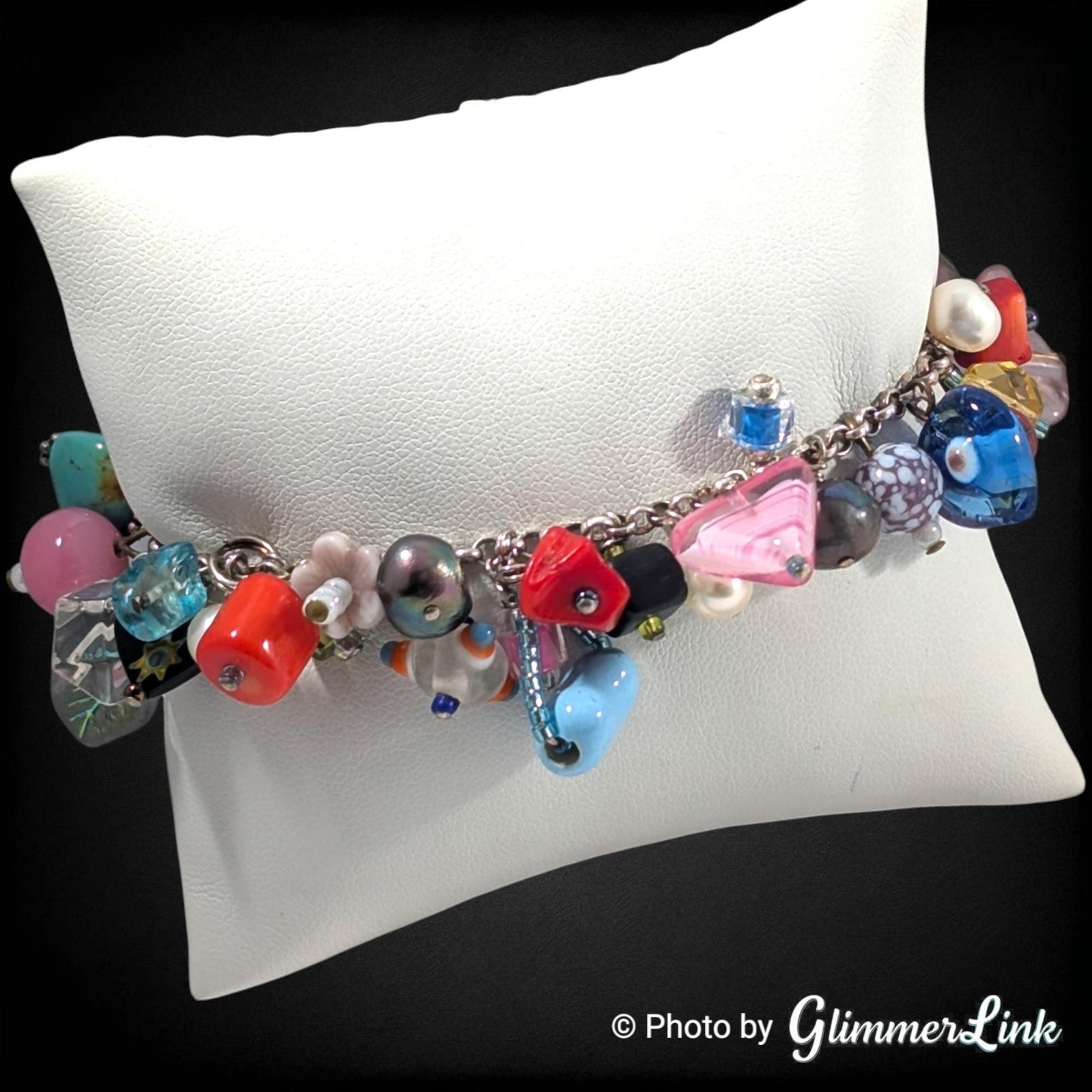 Vintage Artisan Cluster Bead Charm Bracelet Lampwork Glass Pearl Toggle